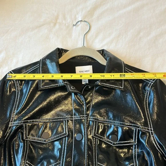 NWOT Nine West Faux Leather Biker Jacket in Black with White stitching Size S - Picture 11 of 13